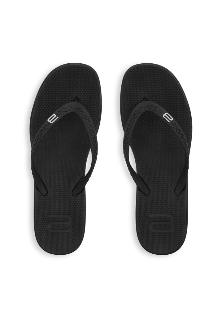 Pair of black flip-flops  heels on a white background