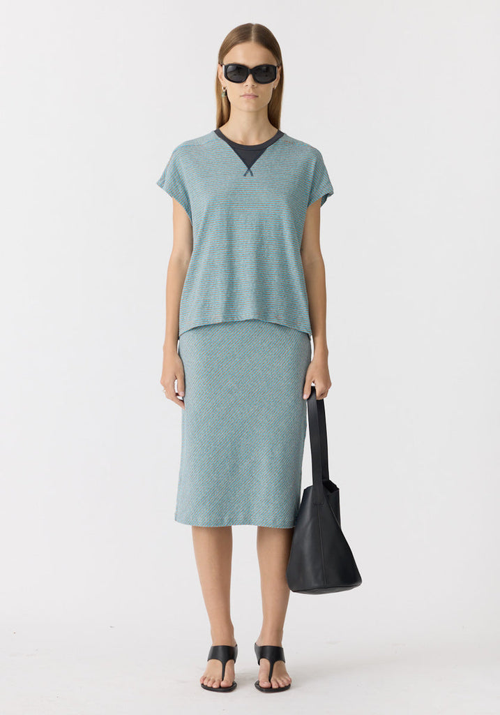 Bassike Bias Stripe Skirt in Blue/Brown Stripe worn on model, full length front view