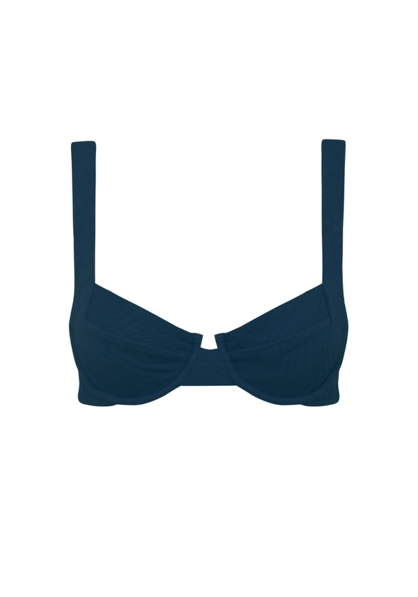 Navy blue bikini top on a white background
