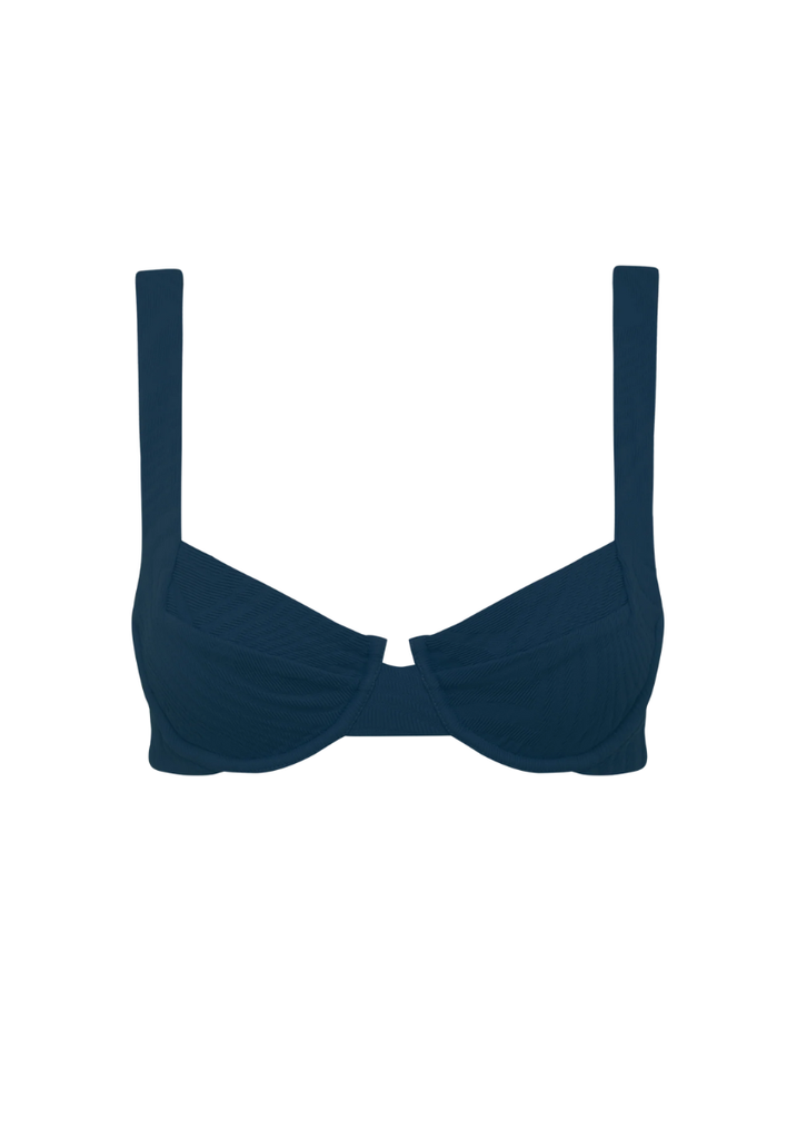 Navy blue bikini top on a white background