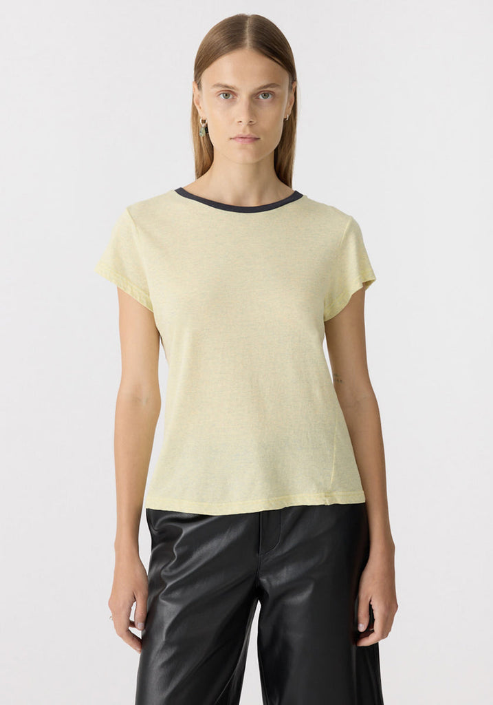 Bassike Baby T-Shirt in Yellow Marl/Navy, close-up front view showing navy rib neckband