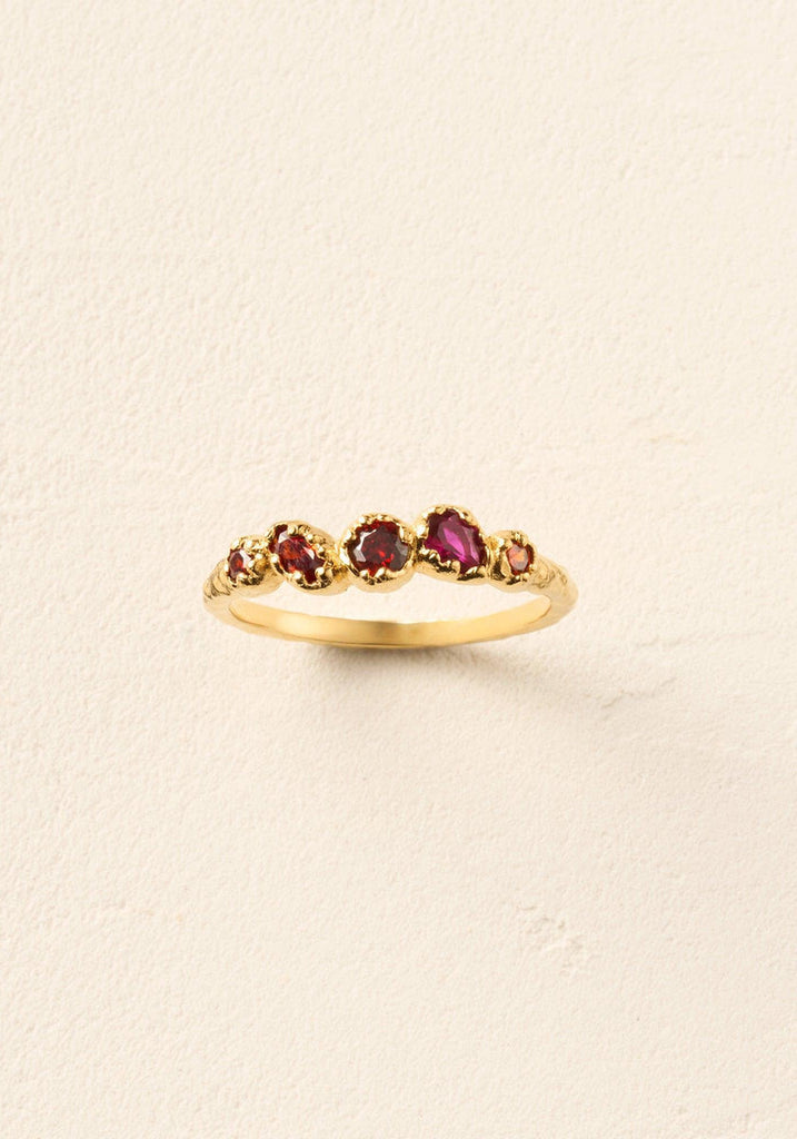 Agapée Koré Red Ring, 18K gold plated sterling silver cluster ring with five deep red stones