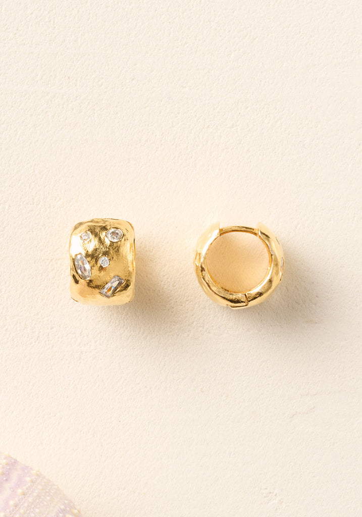 Agapée Lucci Earrings, hammered gold huggie hoops with scattered white stones