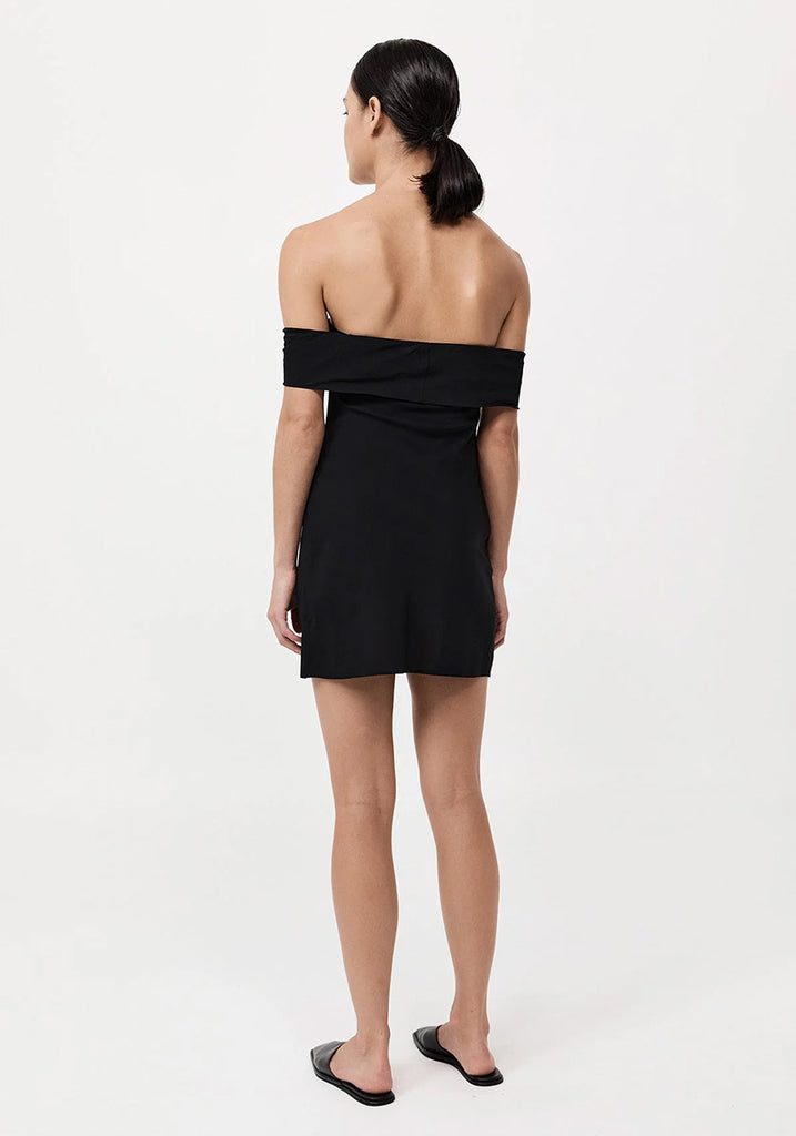 The back view of Model Wearing Sheer Black off Shoulder Dress