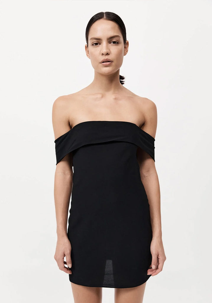 Woman wearingBlack Off Shoulder Mini Dress 