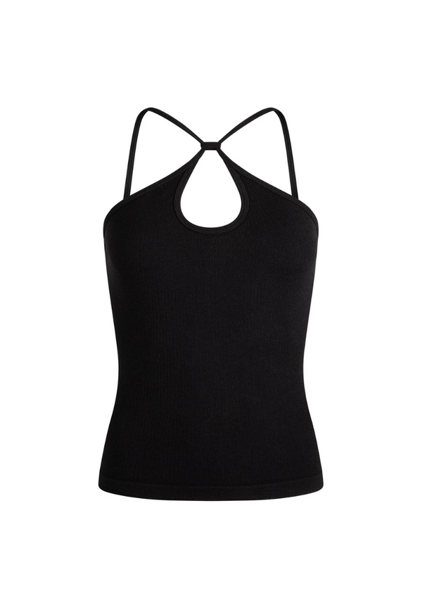 Black tank top with thin straps on a white background. crossover from top.