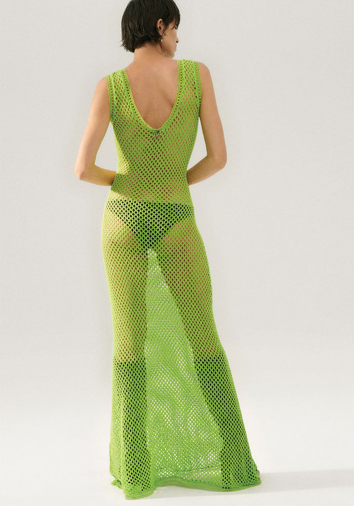 Bright green long v neck crochet dress