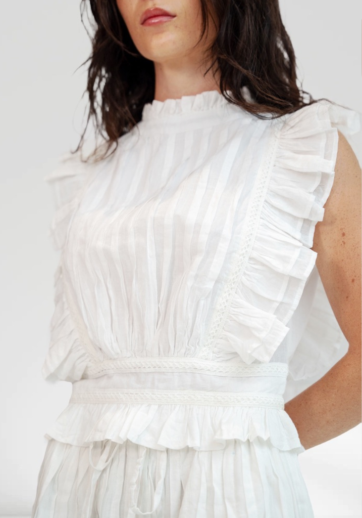 White dress with ruffled details on a plain background